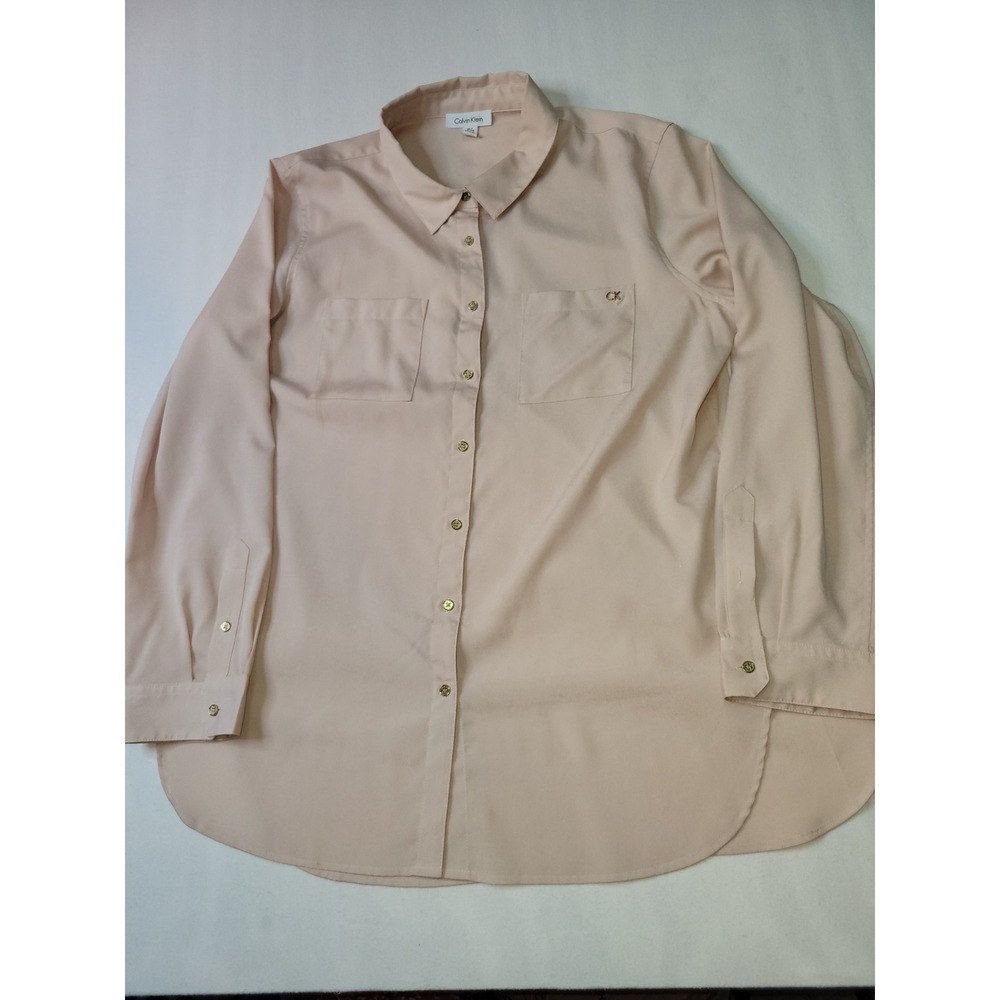 Calvin Klein Womens XL Blush Pink Button Down Blouse Gold Logo Long Sleeve  2201